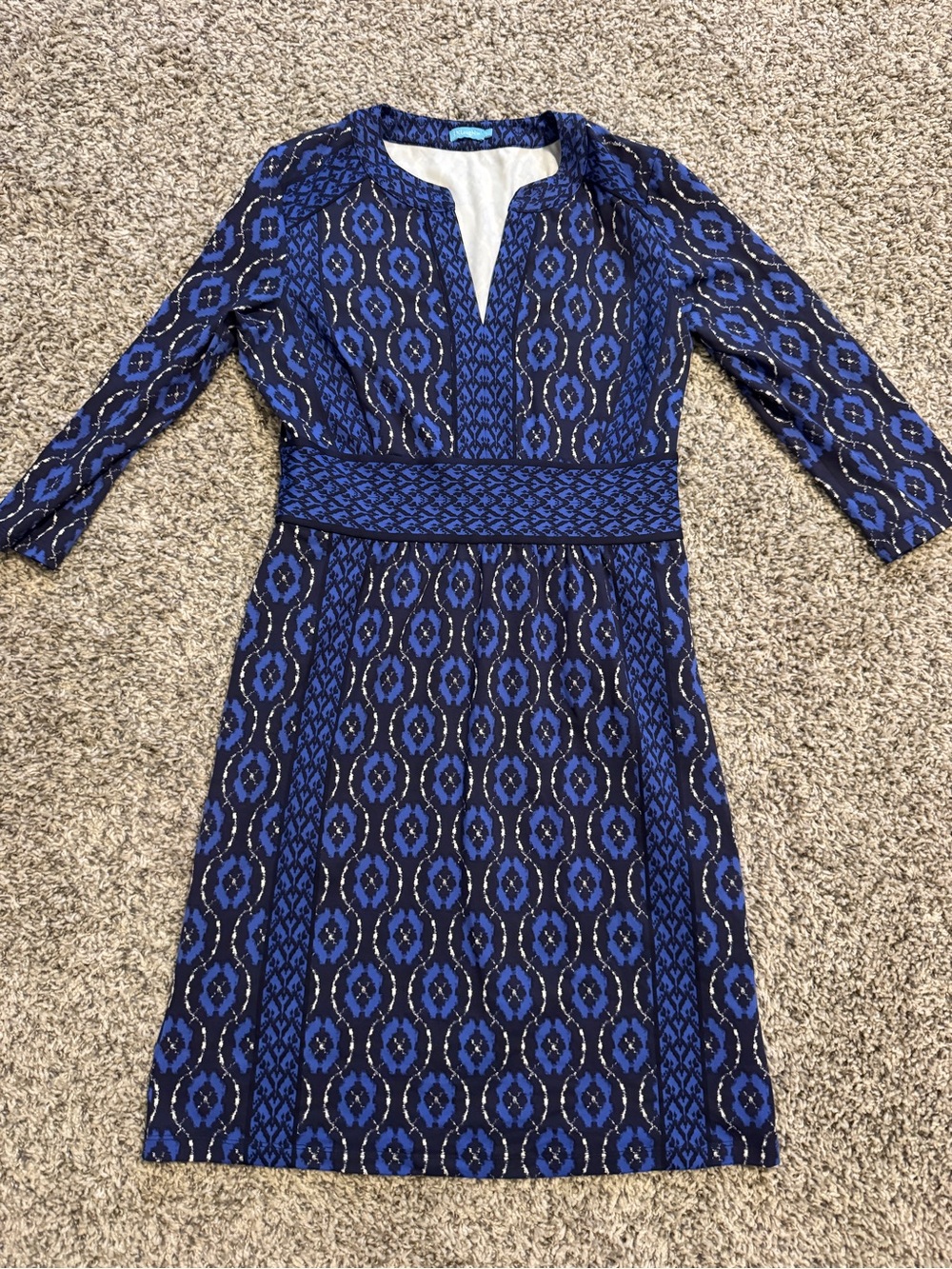 J. McLaughlin Blue Printed Long-Sleeve Waist-Defined Dress